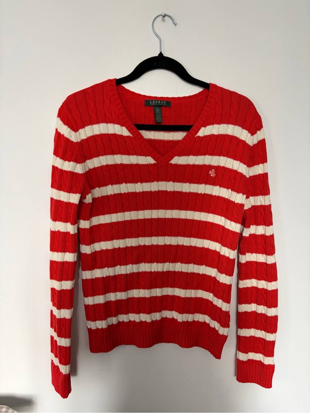 Lauren Ralph Lauren Red & White Striped V-Neck Knit Cotton Sweater - Medium